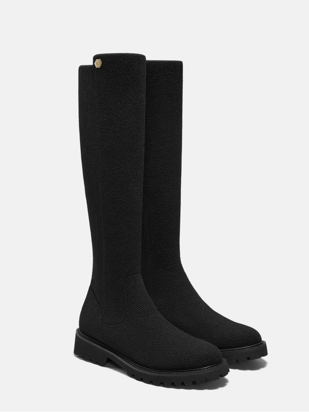 Women's Black Over-the-Knee Knit Boots - Sleek Lug Sole
